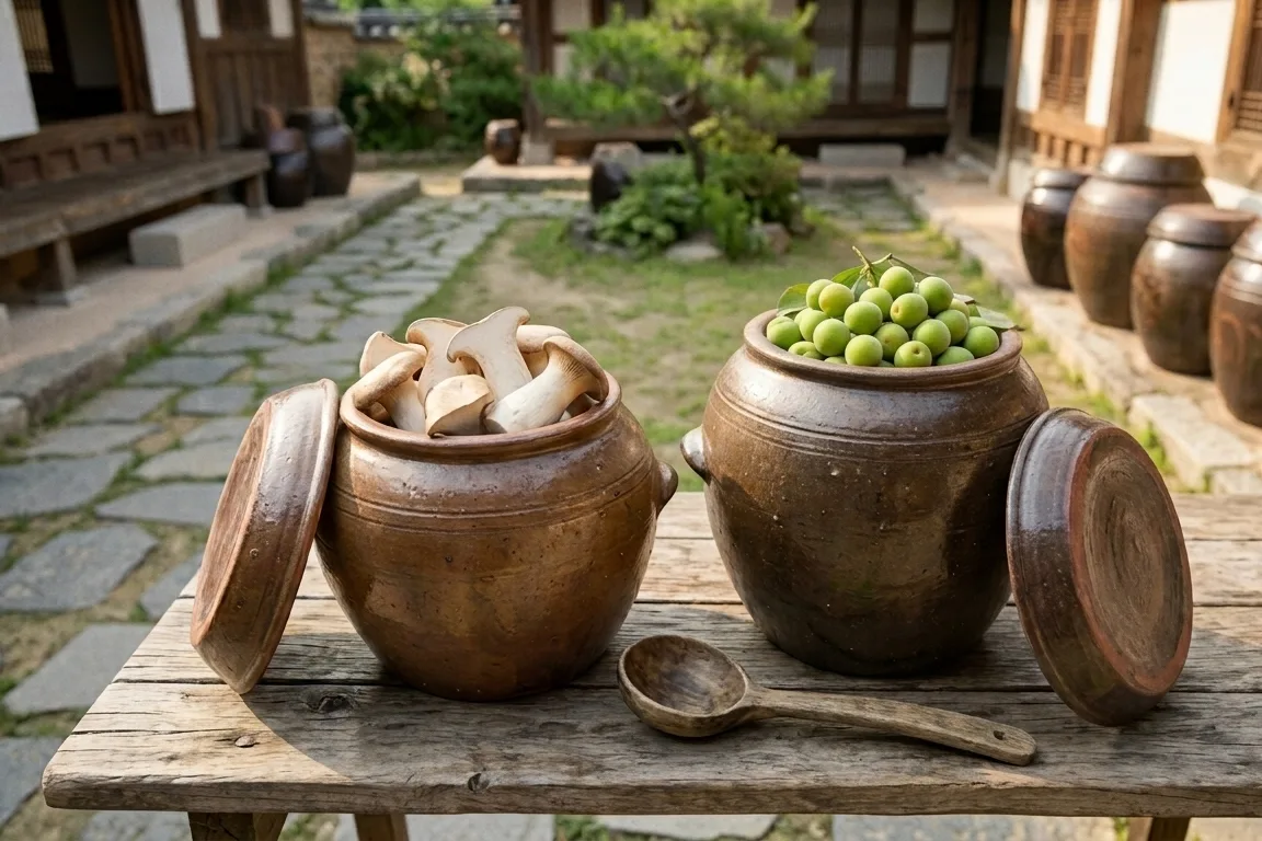 항아리 두 개에 각각 새송이버섯과 청매실이 담겨 있다.